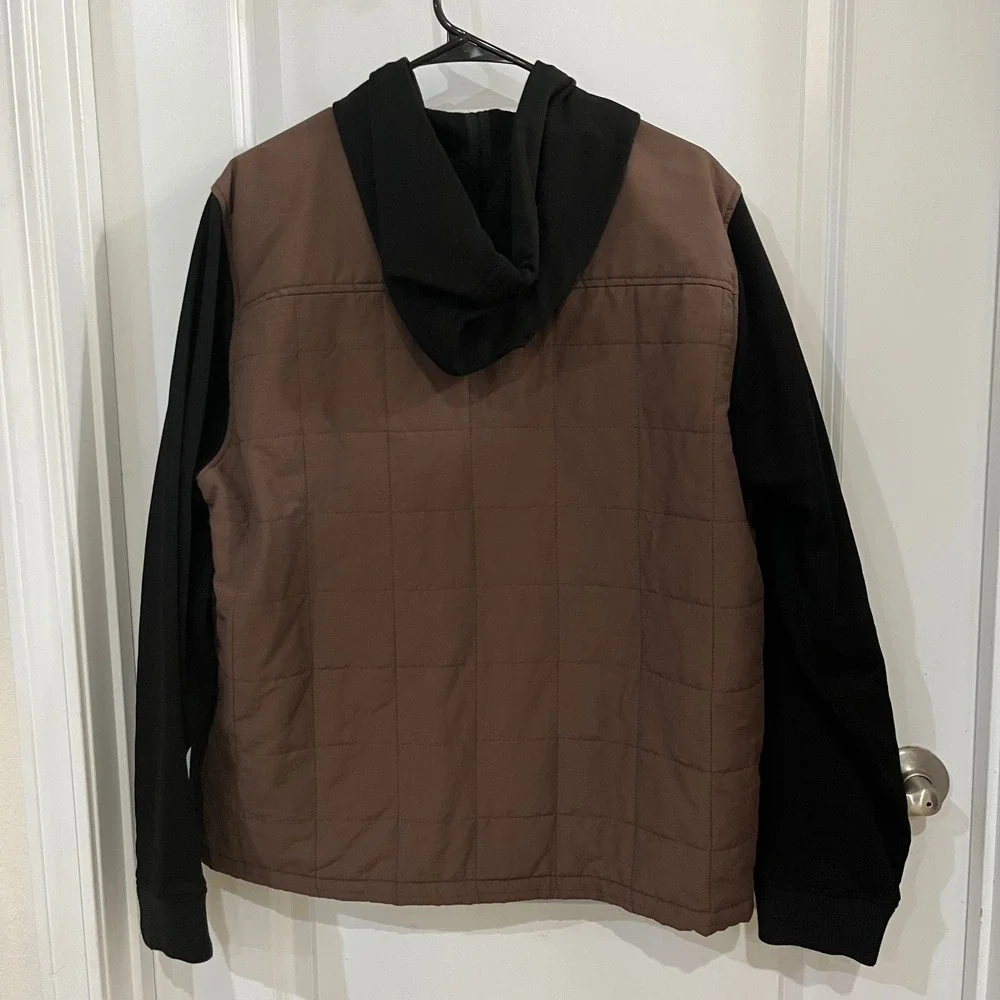 Hurley Mens Quilted Hooded Shirt Jacket Brown Black Snap Front Size Large